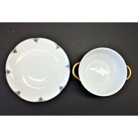 Block China Chambord Limoges Cream Soup Bowl w/Underplate Gray/Black on White - Picture 3 of 6